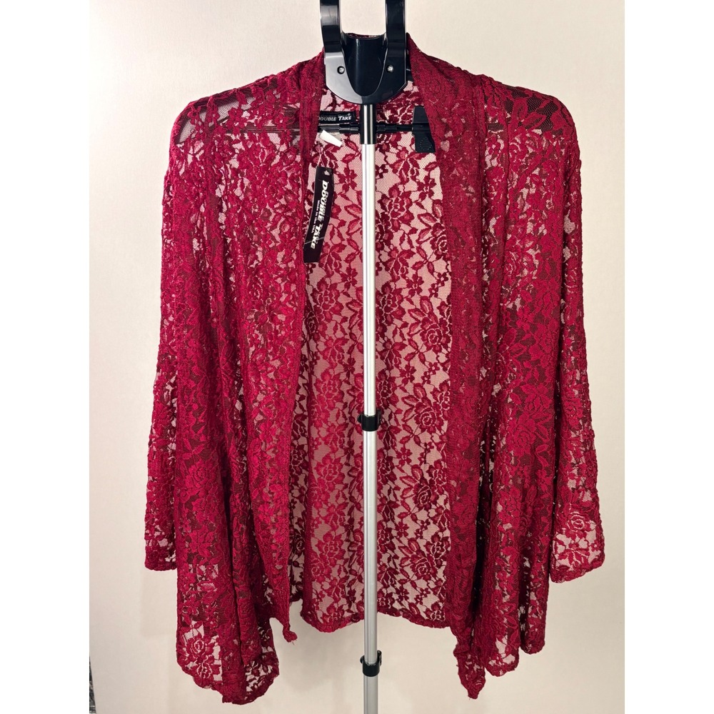 Double Take Burgundy Red‎ Floral Lace Open Front Cardigan Sheer Draped Wrap NEW